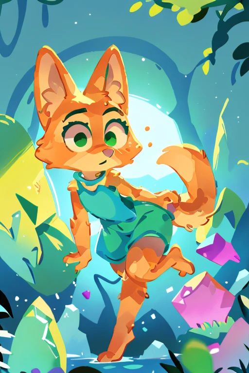 diane foxington, dreamworks, fox, ginger fur, emerald eyes, pass through the wall, Crystal clear body, pastel space,