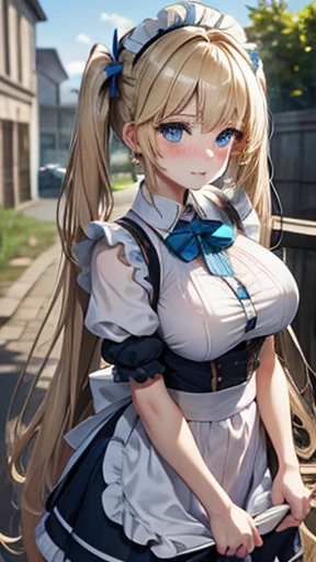 ((highest quality、High resolution、8K、masterpiece:1.3))、1 girl、unparalleled beauty、ultimate beauty、super detailed face、delicate eyes、smile、sexy look、Depth of the bounds written、light particles、side light、((blonde、maid、maid服、no panties))、(((expression of ecstasy、Looks embarrassed、Making sexual advances in a busy public place、I'm inviting you to have sex)))、perfect body、beautiful breasts、nipple、tits、Thighhighs、thighs、Love juice dripping from the pussy