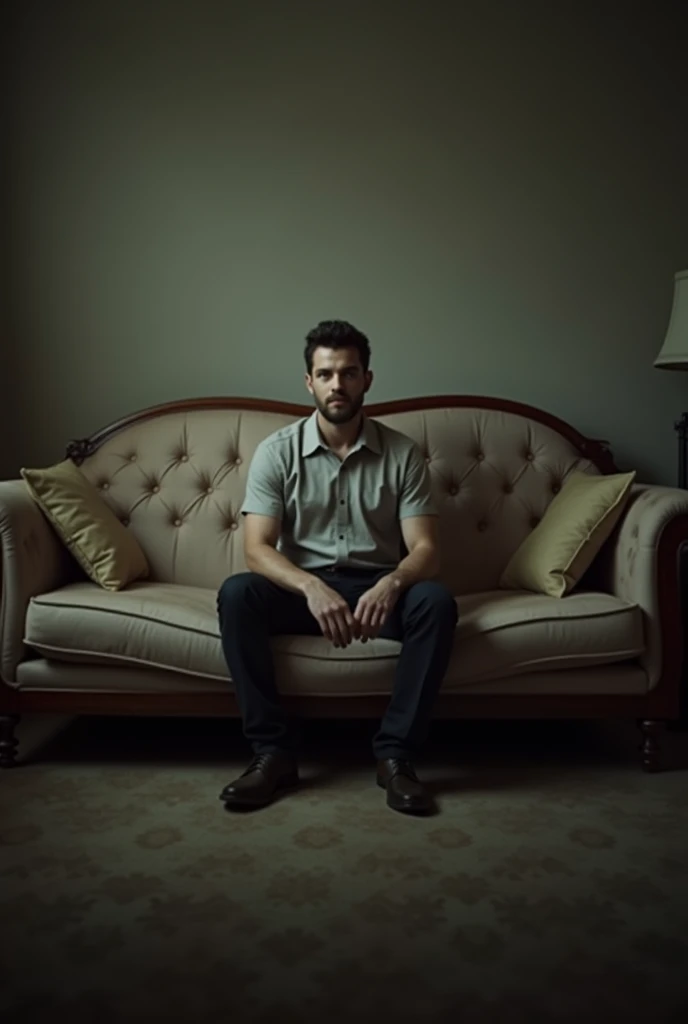 A men who set on tha 3 seat sofa and away from the camera