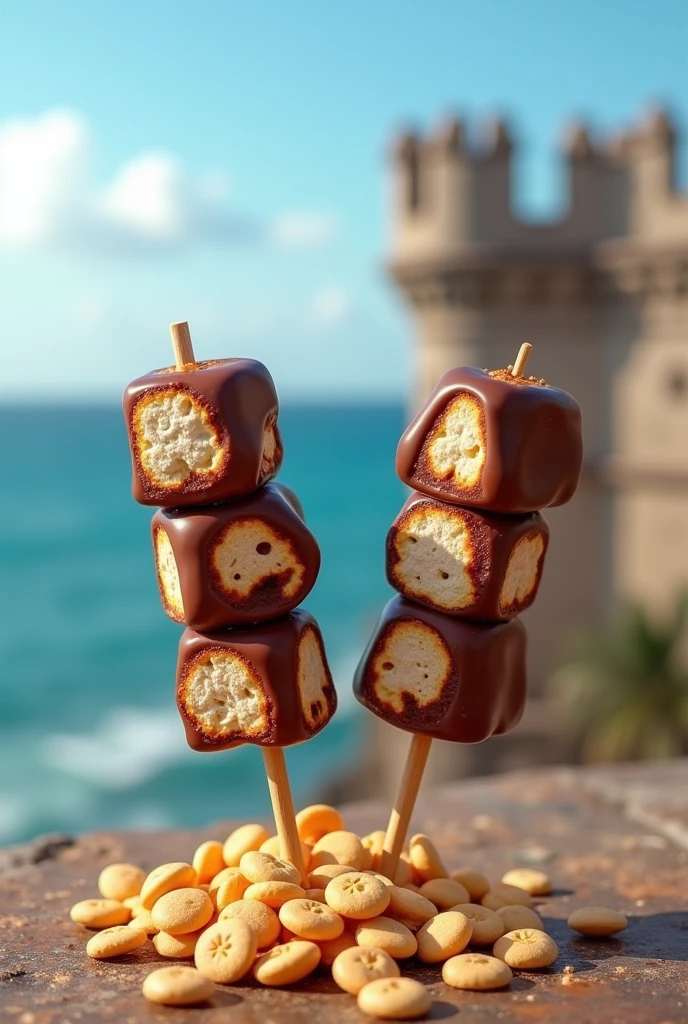 Two sticks with three marshmallows on each one covered in chocolate with peanut chips with the background of the Callao sea and the Real Felipe Fortress, add less peanuts