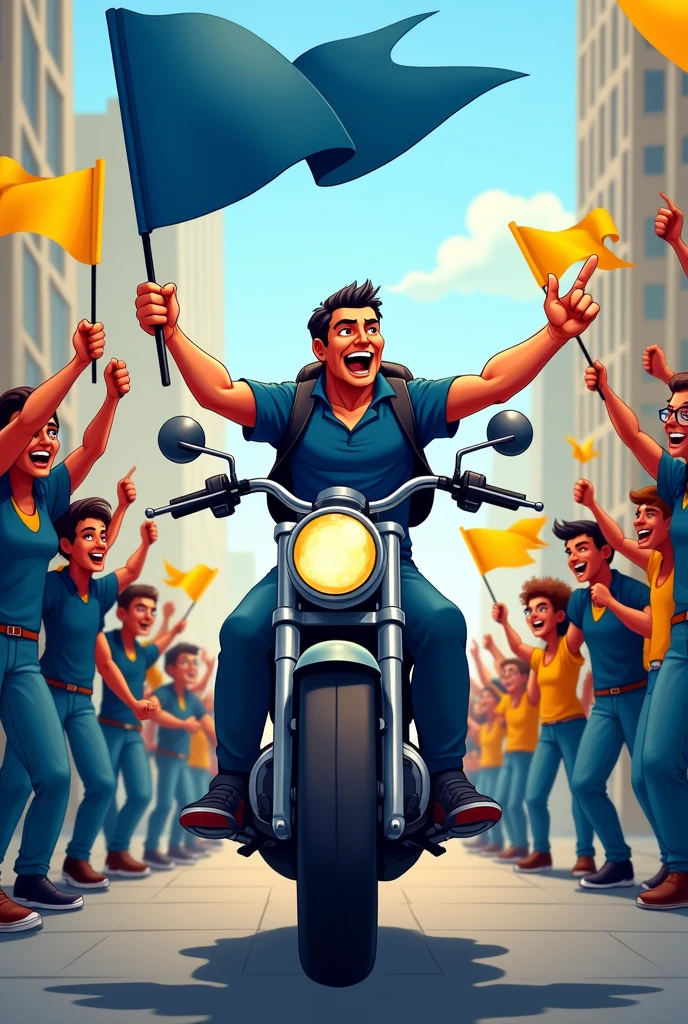 Draw a cartoon of a man with a darker blue shirt and a black bag on his back, calling people to follow him, riding a motorcycle bros, is to make a crowd of people following, as pessoas devem estar com camisa dark blue e amarela, men and women, a blue flag on the bike, and people holding flags with yellow color, dark blue, make a poster advertising a motorcycle ride