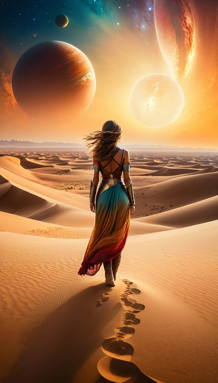 Highest quality,(masterpiece:1.2),Ultra-high resolution,Raw color photography,8K,Vast landscape photography,Realistic photos,Elaborate photos,Woman living on a sand planet,,(From the back:1.5),(From below:1.2,Woman standing on a sand planet,The vast desert spreads out before your eyes,The sky is a vast universe,Sunset),Written boundary depth,Wide Light,Low contrast,Backlight,Sharp focus,Vibrant colors,Dynamic configuration