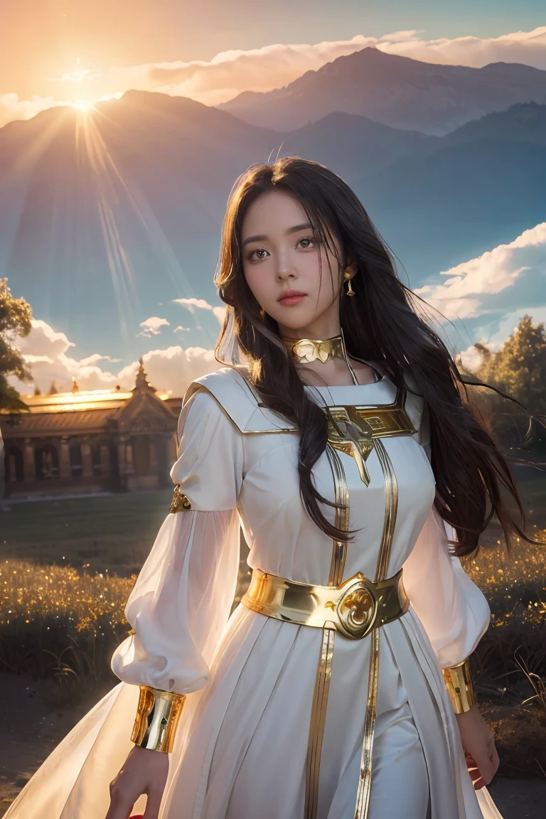 ((Masterpiece, best quality, very detailed), Volumetric light, surrounding occlusion, colorful, glow), 
1 girl, alone, young girl, (dark hair), long hair, radius, Aura, sacred, goddess, Priest Uniform, (White dress with gold details:1.3), armor,
outdoor, sunset, sky, cloud, space, (Fantasy Theme:1.2),