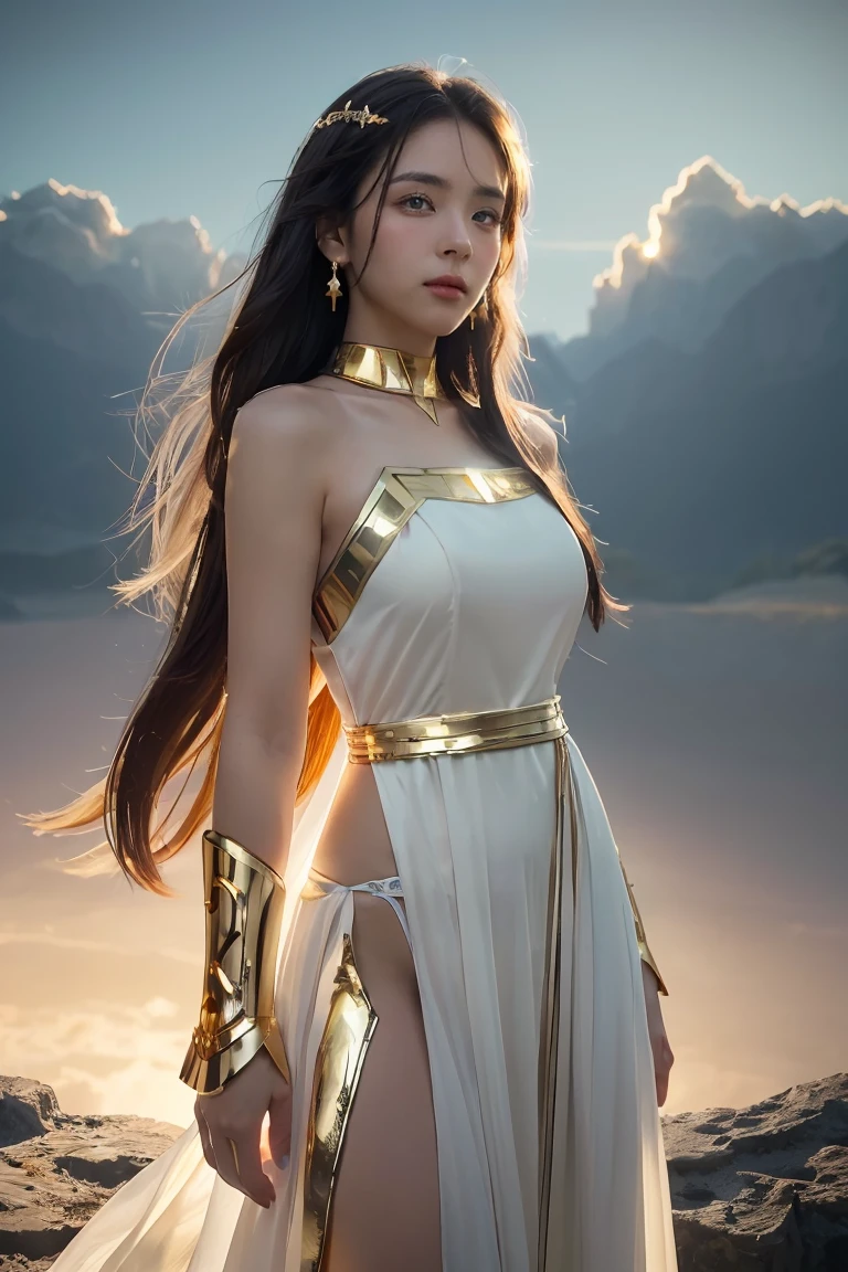 ((Masterpiece, best quality, very detailed), Volumetric light, surrounding occlusion, colorful, glow), 
1 girl, alone, young girl, (dark hair), long hair, radius, Aura, sacred, goddess, Priest Uniform, (White dress with gold details:1.3), armor,
outdoor, sunset, sky, cloud, space, (Fantasy Theme:1.2),