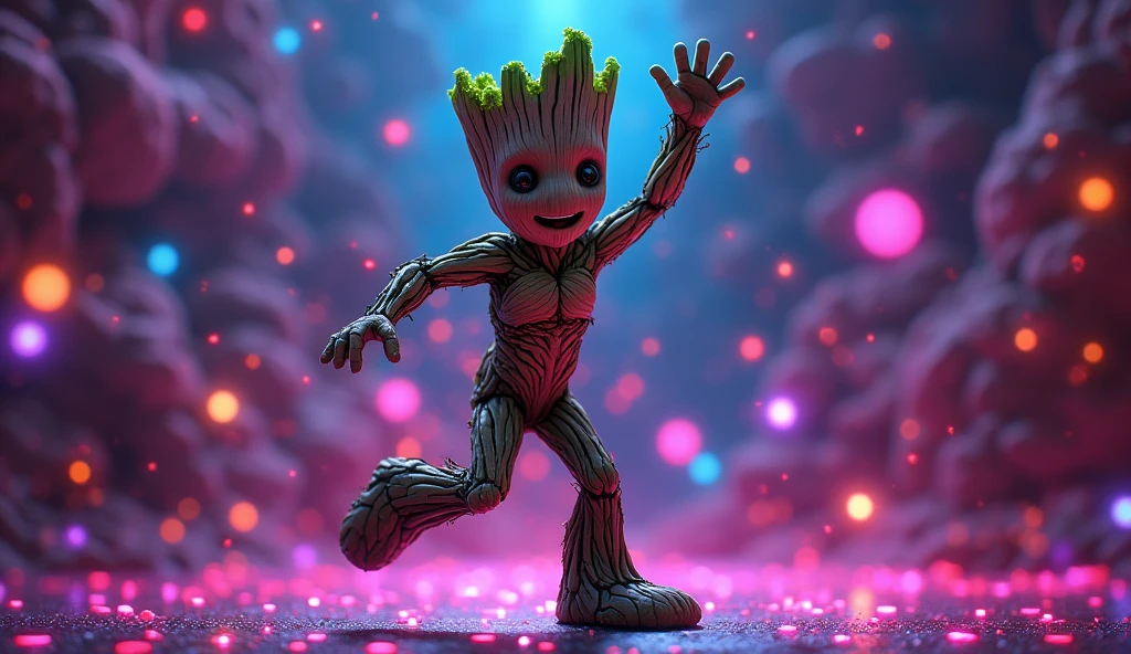 Music scene: Groot dances to rhythmic music, against the backdrop of outer space, illuminated by lights.