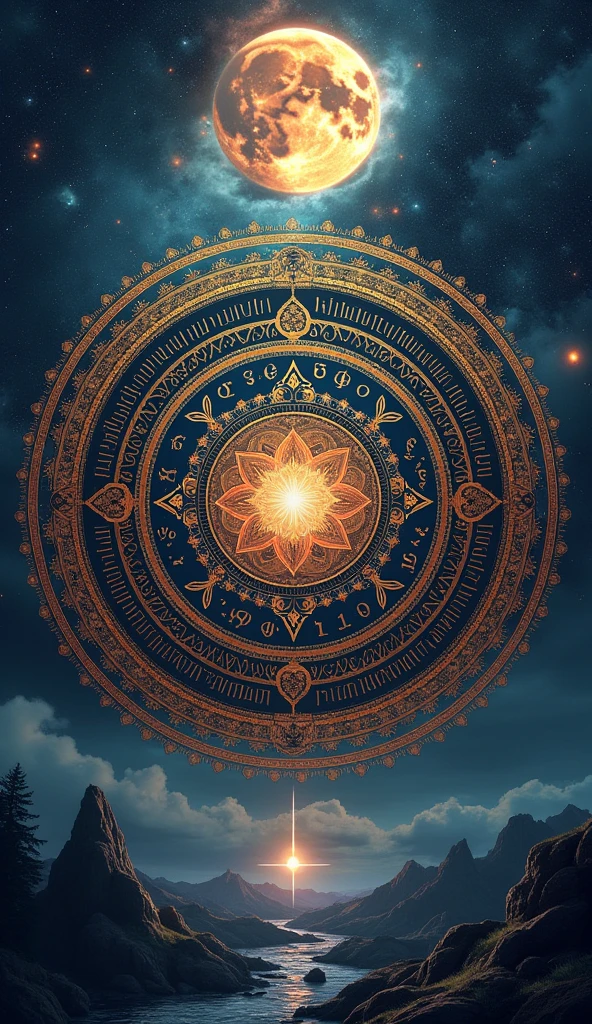 Create an aesthetic high definition wallpaper for android smartphone with ambigram on Hindu scriptures and symbols in indian and gothic combined circular mandala style with a beautiful abstract surreal extraterrestrial background 