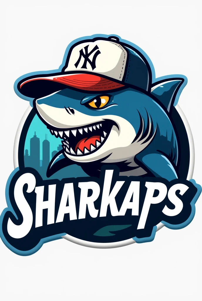 Create a logo of a shark with a NY cap that says SHARKAPS