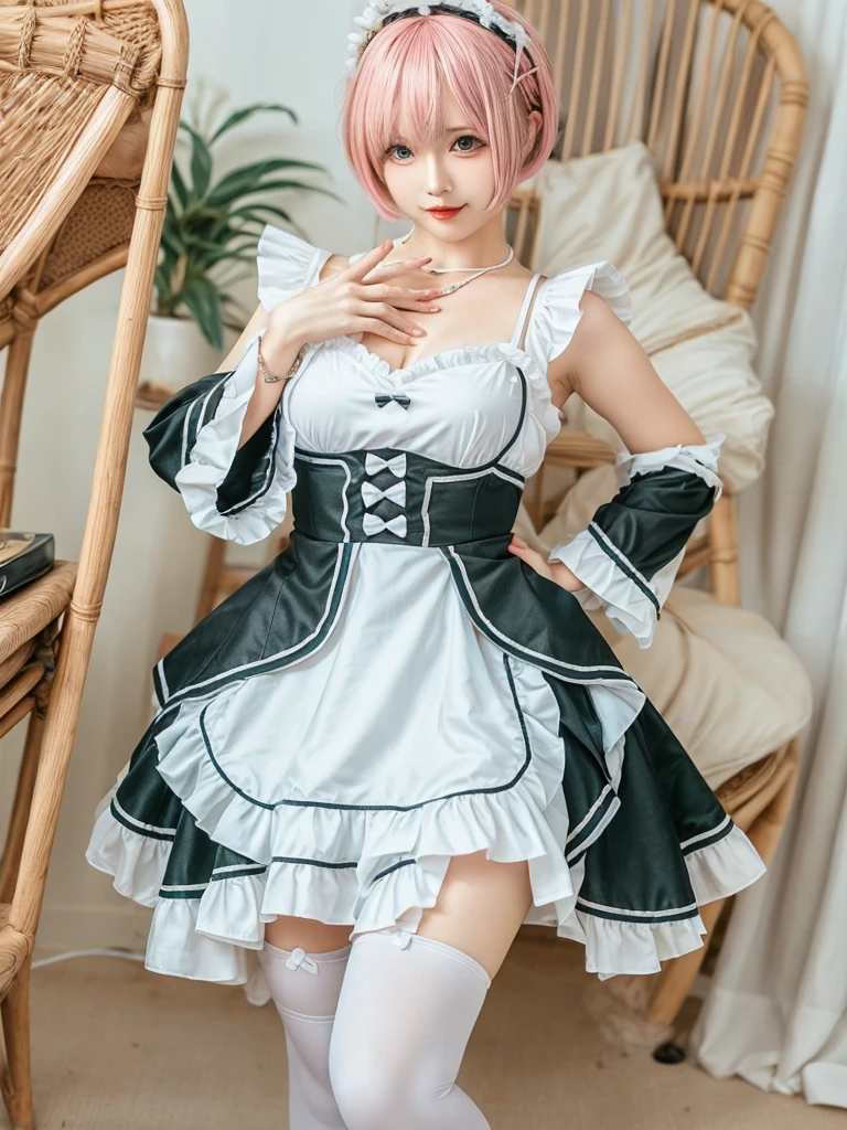 Accurate depiction with high resolution,(8K, Photorealistic, Raw photo, of the highest quality: 1.3), (1girl in), Super beautiful, (Realistic face), (boyish, pink Color Berry Shorthair), Beautiful , Glare that captivates the viewer, Beautiful expression, Beautiful breasts, (Realistic skin), Be...Create a detailed and colorful image of Ram and Rem from Re:Zero, standing back-to-back in their maid outfits, with a magical fantasy background、14years old, two girls,cute, perfect face, beautiful, nice body, gothic lolita clothes, gothic lolita fashion, frilly skirt, headdress, necklace, bracelet, knee-high socks, boots, double eyelids, tear bags, Detailed down to the fingers, photo-like description, indoors, dim indoor lighting, one girl is pink hair and short bob, another girl is light blue hair and short bob,standing,whole body, composition that shows the whole body, smiling,The Both of them are wearing the same type of maid outfit,Optimal ratio of 4 fingers and 1 thumb,walking