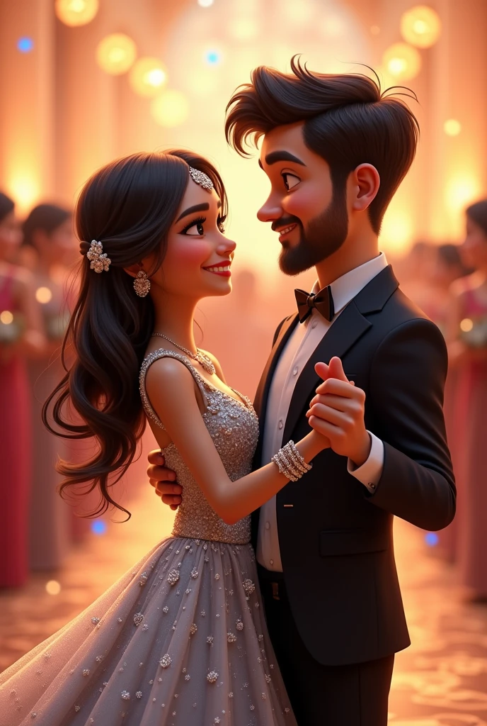 Create a Pixar image of a couple in wedding girl is wearing a silver lehenga and silver embroidery. Open hair. Groom is wearing a black tuxedo, both are waltzing together and in love. Both are very very happy and in love, groom has a slight beard and young looking. Bride has a dimple and is slightly chubby they are celebrating. They are very happy. The beard is very slight like a stubble. Make them younger looking . Slightly short height
