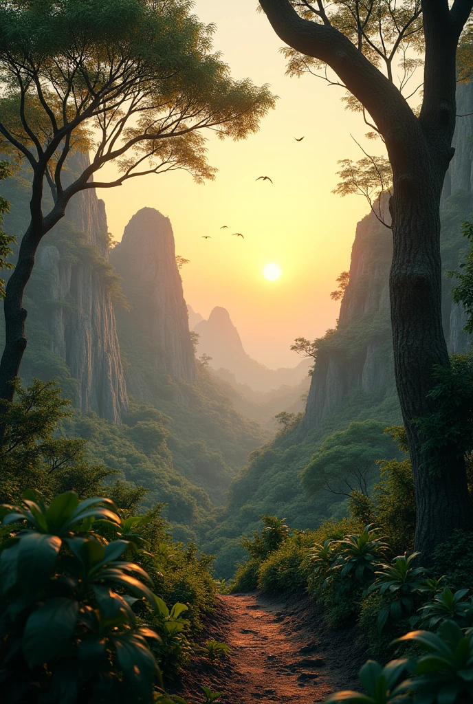 Theatrical perspective of a scene without evil or animals jungle in africa scenic view sunrise confusion rocks 