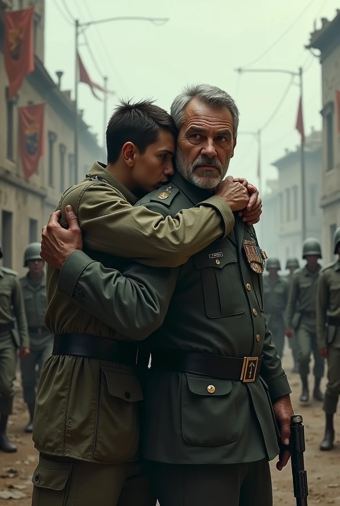 A soldier lightly hugging a general as they watch zombie soldiers approach their military base