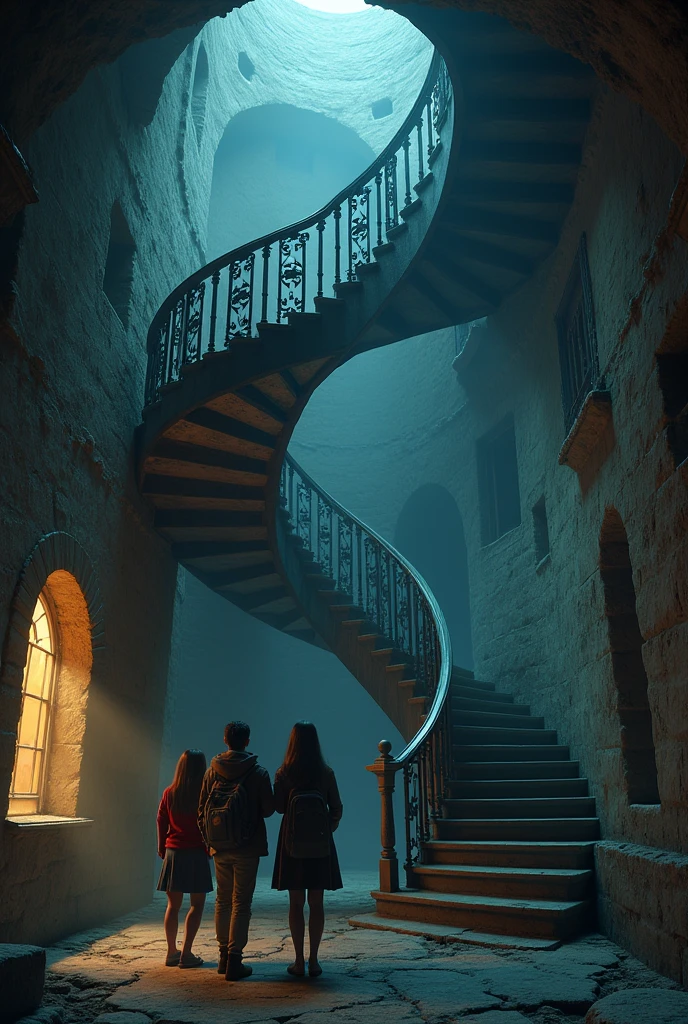 *Discovering the Staircase:**
   - A spiral staircase leading up into darkness, with the friends at the bottom, looking up, ready to explore.
