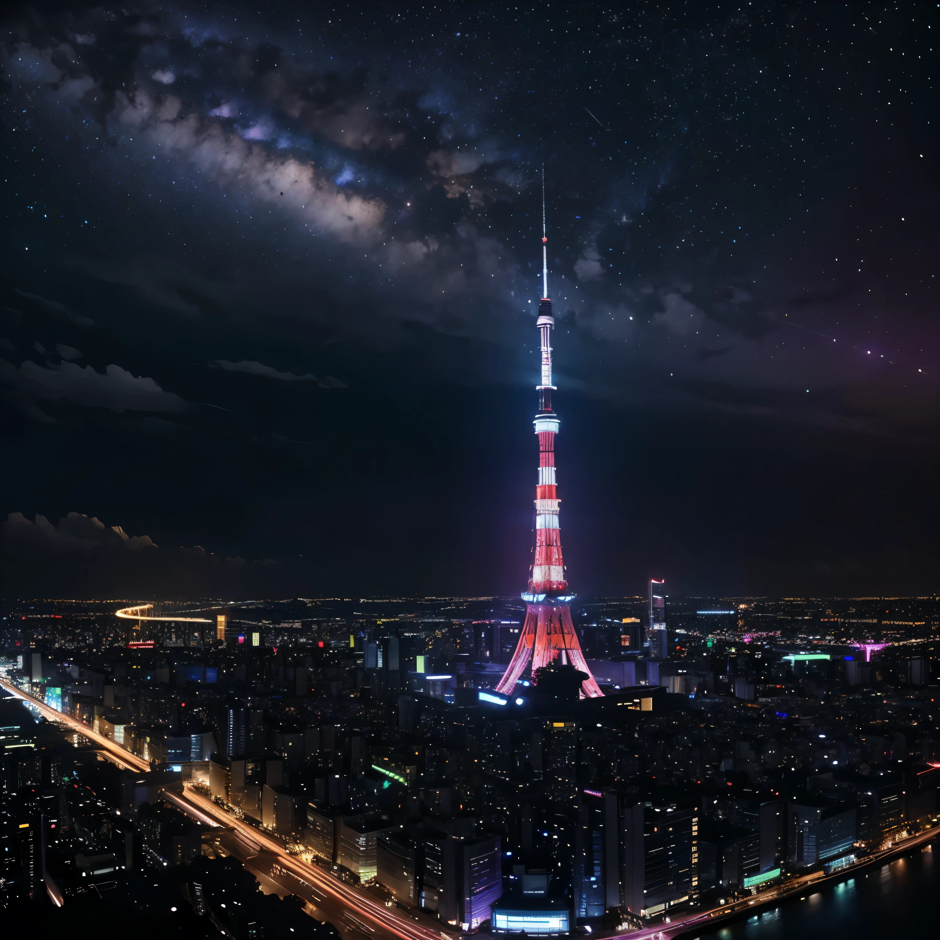 The night sky is filled with shining stars、
Three-dimensional clouds、Colorful million-dollar night view、romantic、Fantasy、Colorful night view in Tokyo、Tokyo Tower、Brilliant、photograph、Wide angle、Colorful night view、、Colorful、Neon color、Brightness Gradient、Rainbow Bridge High Resolution（8k）、Ultra-high precision、Realistic texture、The city below、horizontal line、Vast、panorama、Rear Stick、Brilliant、masterpiece、curve、bird&#39;s Eye View、Looking down from above