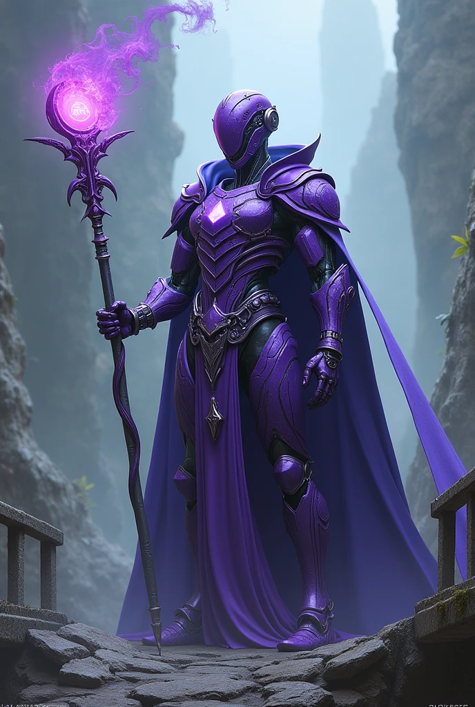 a sorcerer,cirborgue, purple armor,a staff on the bridge has a half moon with a circlo on top,no robotic face,with robot head with man&#39;s body
