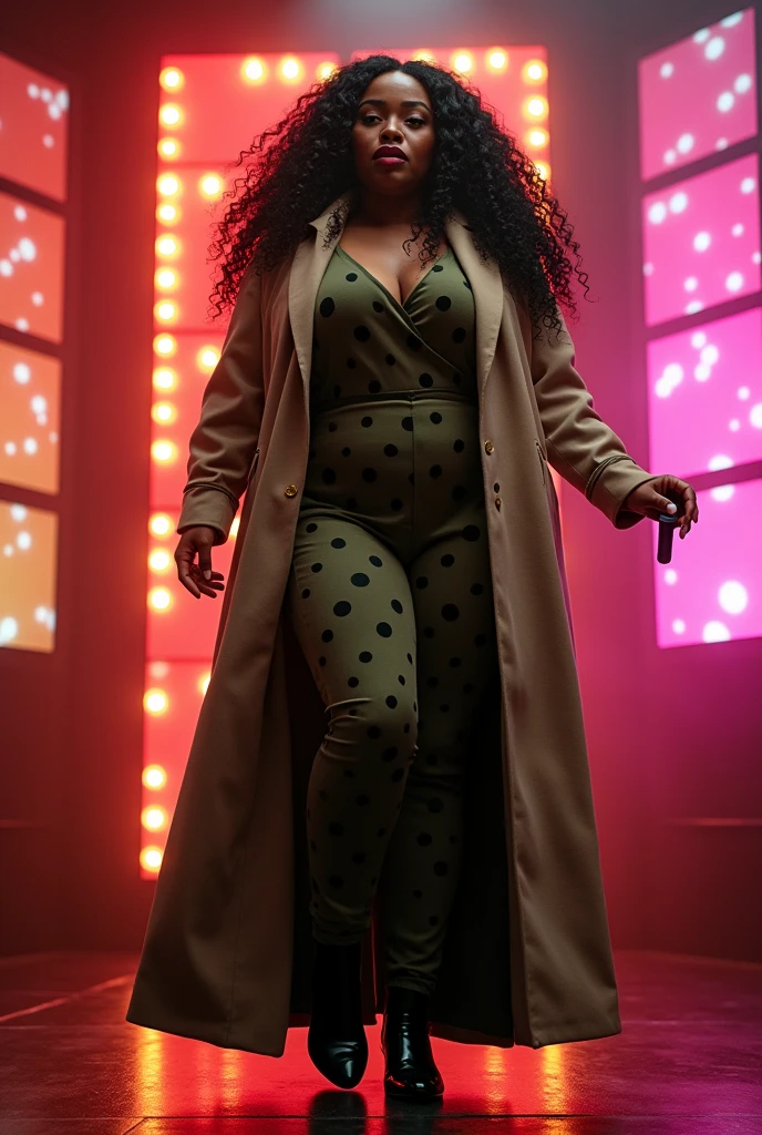 Make a picture of a black woman , long curly black hair, dark shaped eyes, chubby, wearing a long military green dress with black polka dots,and a long beige coat down to the knees, black heel shoe,black tights, singing at a show with led panels behind
