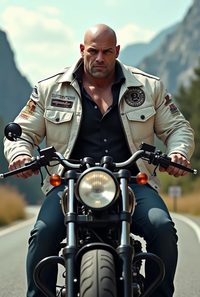 Big body builder white bald men wearing unbuttoned black double pocket check shirt and white leather jacket with logos at mountain road on heavy motor bike