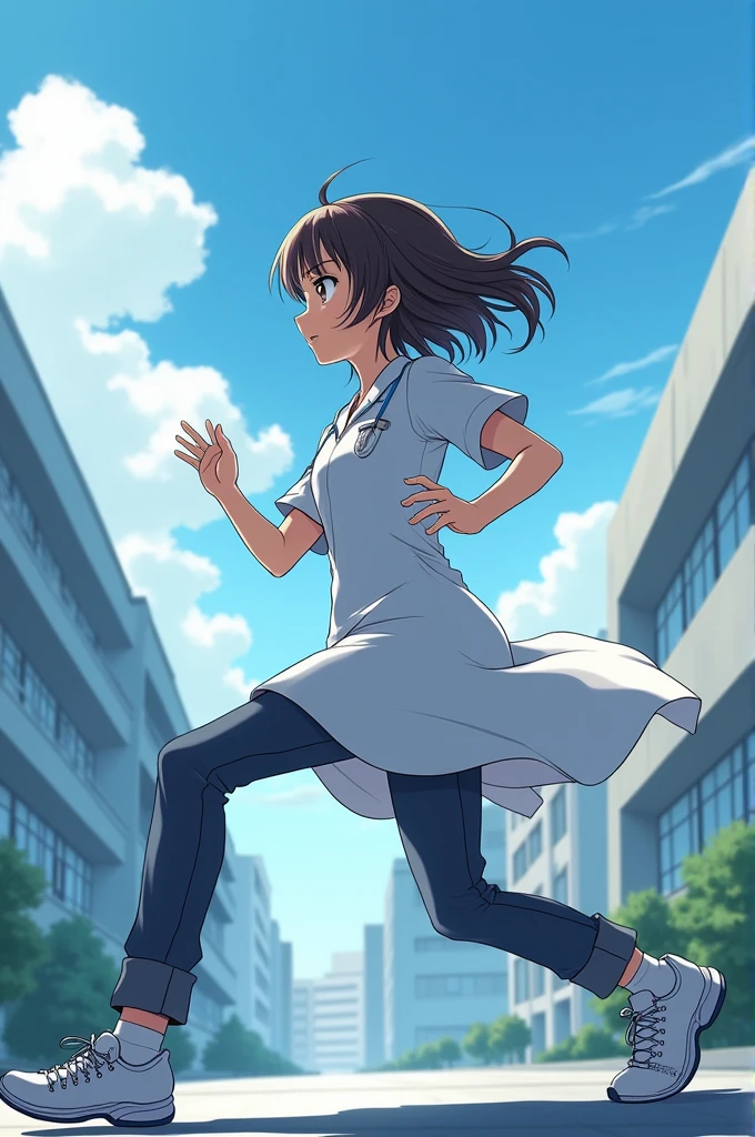 ((best quality)), ((masterpiece)), (detailed), perfect face, patient Human character right side pose running from hospital roof , anime style 