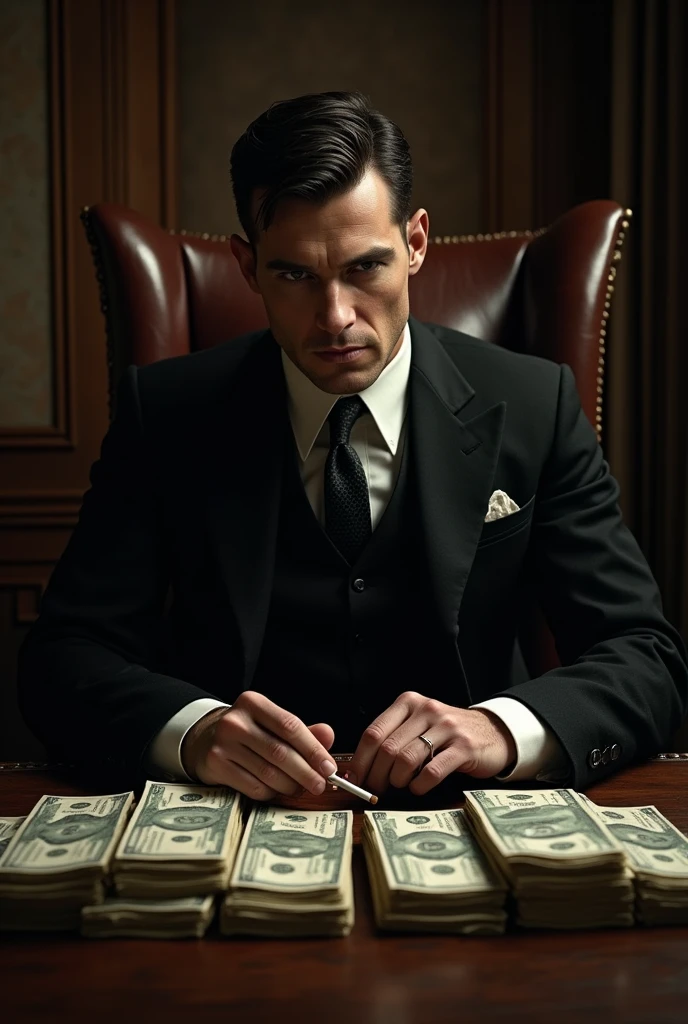 Thomas shelby sitting on chair and having cigarette in hand and looking towards the big bundles of money on the table besides him