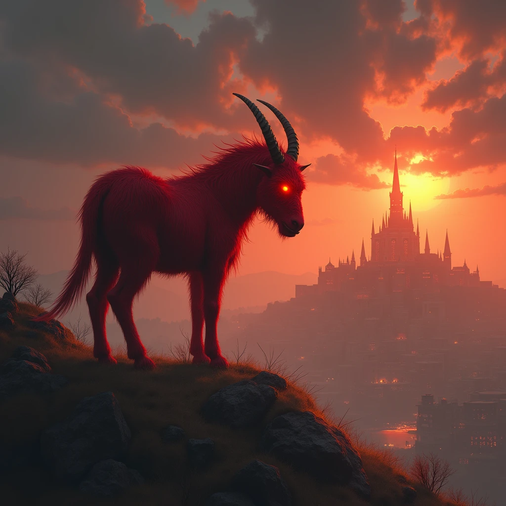 Create an image of a demonic red donkey with glowing eyes and small horns, Standing on a hill, looking at an ancient city at sunset. The sky must be full of dramatic clouds, and the city in the background should be partially lit with an orange light, creating a mystical and threatening atmosphere."