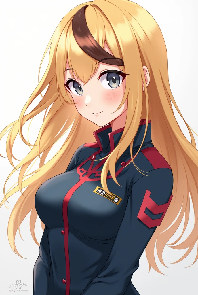 Girl with blonde hair with brown streaks, gray eyes, white skin with the My Hero Academia uniform