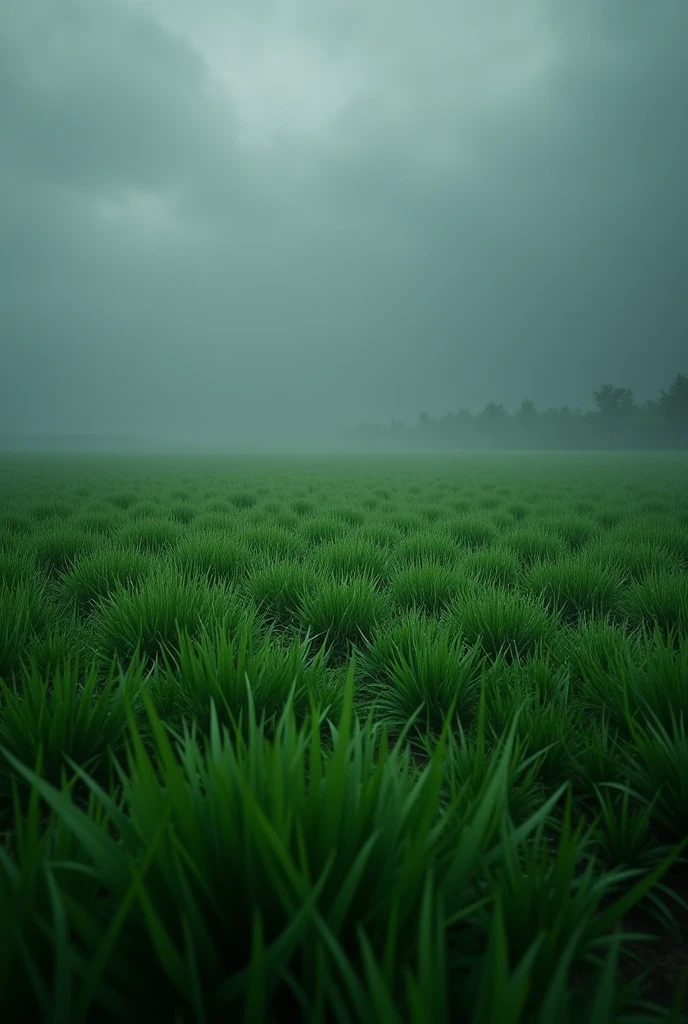 Saturated green grass with gray and rainy background