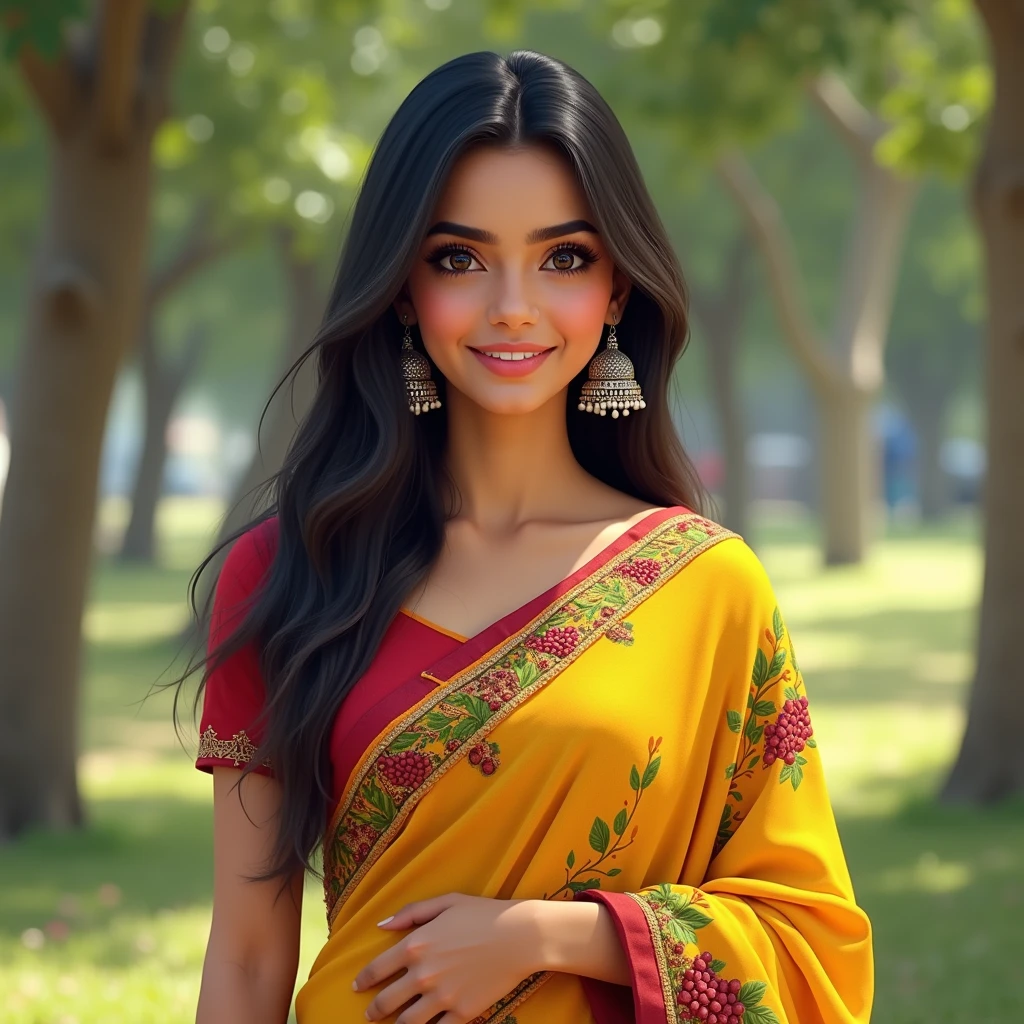 "A 20-year-old Indian girl with a fair complexion and well-defined features stands confidently. She has long, dark hair that falls softly over her shoulders. Her face is oval-shaped, with expressive, almond-shaped eyes and a slight, natural smile. She has a slender and fit physique, wearing a casual yet stylish outfit, perhaps a simple kurta with jeans. The background could be a serene outdoor setting like a park, with soft natural light highlighting her youthful and vibrant appearance."The girl is dressed in a vibrant yellow saree with intricate embroidery. The saree features bold designs, including green and red leaves, and branches with clusters of grapes in green.
The blouse under the saree is red with a traditional pattern, complementing the vibrant saree.
She is wearing traditional silver jhumka earrings that are large and ornate.