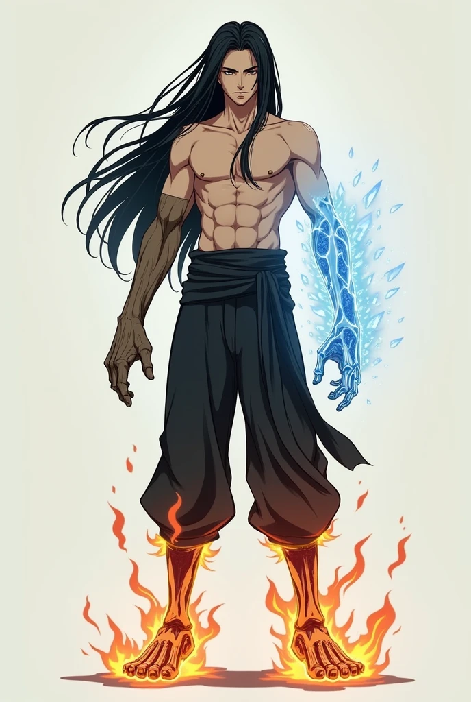 anime, 1 human man only, long black hair, standing, right wooden hand , left ice hand , right fire foot , left skeleton foot
