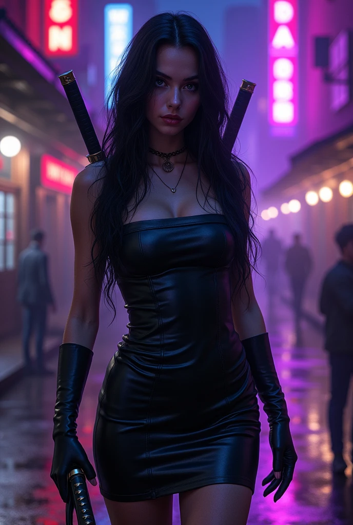 at night, some buildings in the united states, bars, purple phosphorescent lights, and a single woman with long black hair and blue eyes, small nose,super pretty in a short strapless black leather dress, and some black leather boots, and two katanas on his back, head on, brillitos, body with good proportions