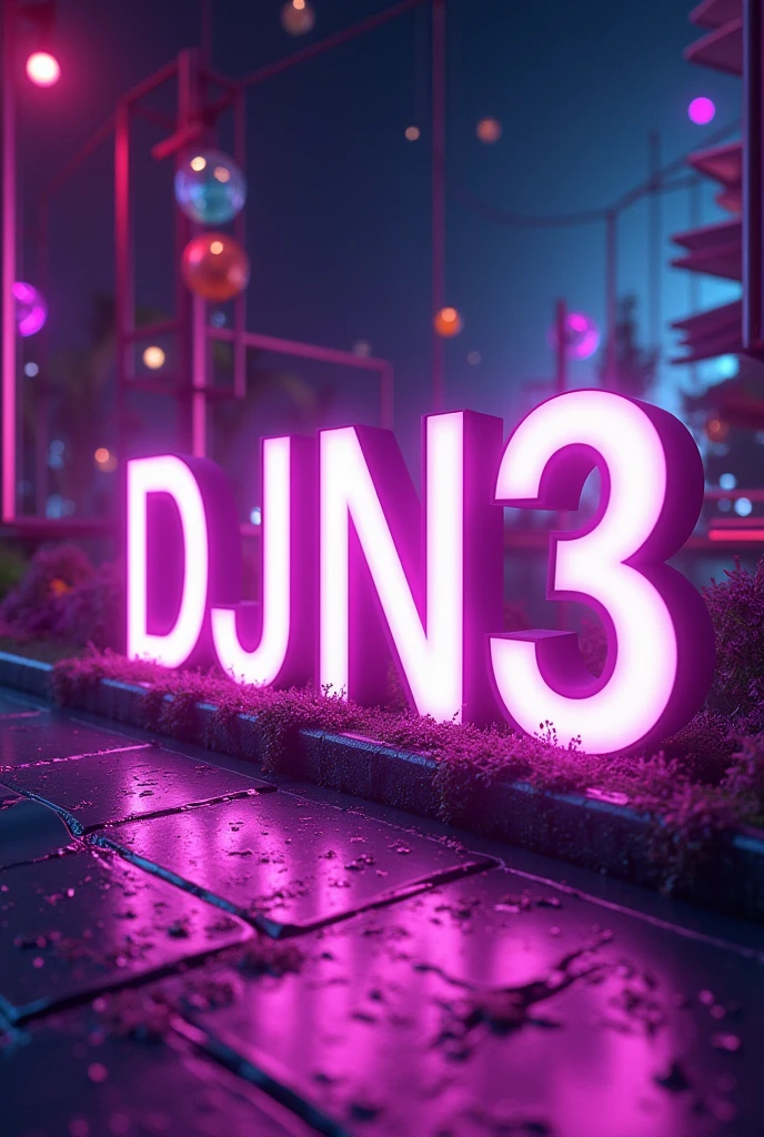 Make a profile picture with the name DJN3 in capital letters with a violet vibe retro vibe with many people