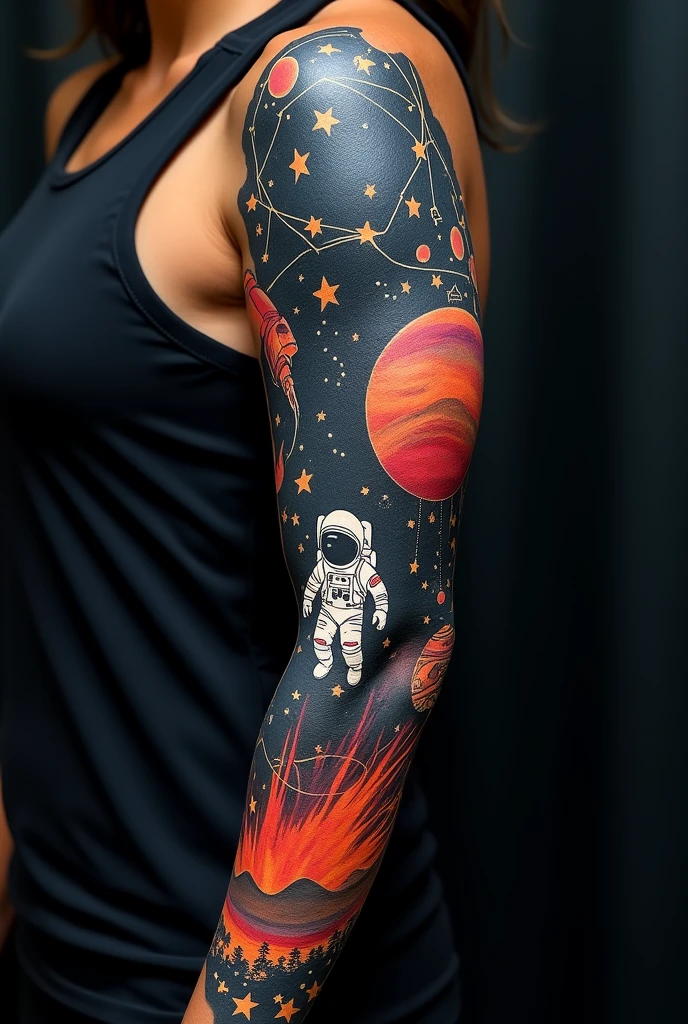 "A detailed tattoo on the arm, from shoulder to wrist, space themed and suitable for dark skin. on the shoulder, a constellation design in fine, luminous lines to stand out on the skin. on the arm, features an astronaut in a graphic or stylized style, floating between planets, A rocket, the moon, stars and meteors. It uses bright colors and light shadows to create contrast and depth without resorting to large areas of solid black.. that the design is vibrant and visible."