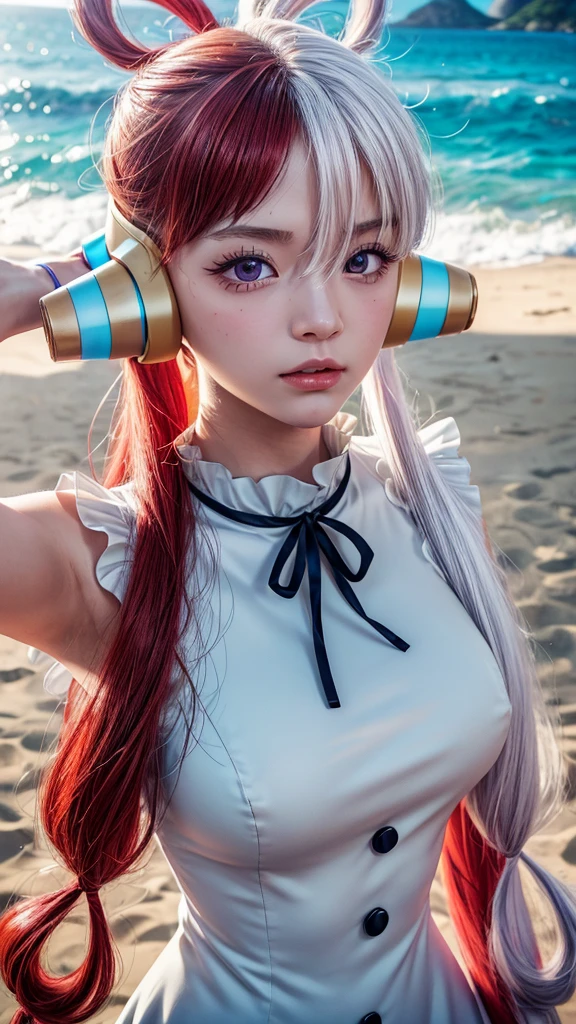 masterpiece Uta, one piece \(series\), Anime art style, masterpiece, Elegant white dress, Long red and white hair, One girl, alone, headphone, Red eyes, Looking at the audience, Beautiful Face, Detailed face, Mouth closed, Photo: Central body, elbow sleeve, Eyes visible through hair, Medium chest, V-shaped eyebrows, Detailed Background, Outdoor, Beach, null, (Super detailed), (8k, Complex), (85mm), Particles of light, Day, whole body, (Very detailed:1.2), (Gradation), SFW, colorful, (Detailed Background), (The rule of thirds_composition:1.3), (Course of action:1.2), Daylight, alone