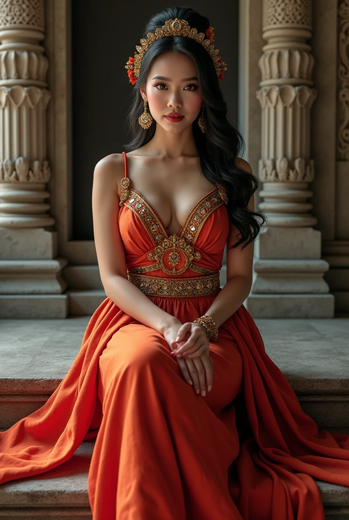 ((Indonesian woman with large breast in a colorful dress sitting on a stone structure, busty, curvy, voluptuous, cleavage, thick, chubby, traditional beauty, beautiful sexy woman, karol bak uhd, with beautiful exotic, erotic, beautiful goddess, beautiful digital artwork, jaw-dropping beauty, by Rudy Siswanto, beautiful model, 8k)), beautiful woman, wearing Traditional Indonesian clothing, a beautiful fantasy empress, stunning woman, beautiful Indonesian girl, masterpiece, (best quality:1.2), (8k,highres,RAW photo,realistic,photo-realistic:1.3),(detailed skin texture,detailed cloth texture,beautiful detailed face:1.25),professional lighting,photon mapping,beautiful soft light,radiosity,physically-based rendering,raytracing, model shoot style, (extremely detailed CG unity 8k wallpaper), full shot body photo of the most beautiful artwork in the world, Indonesian culture