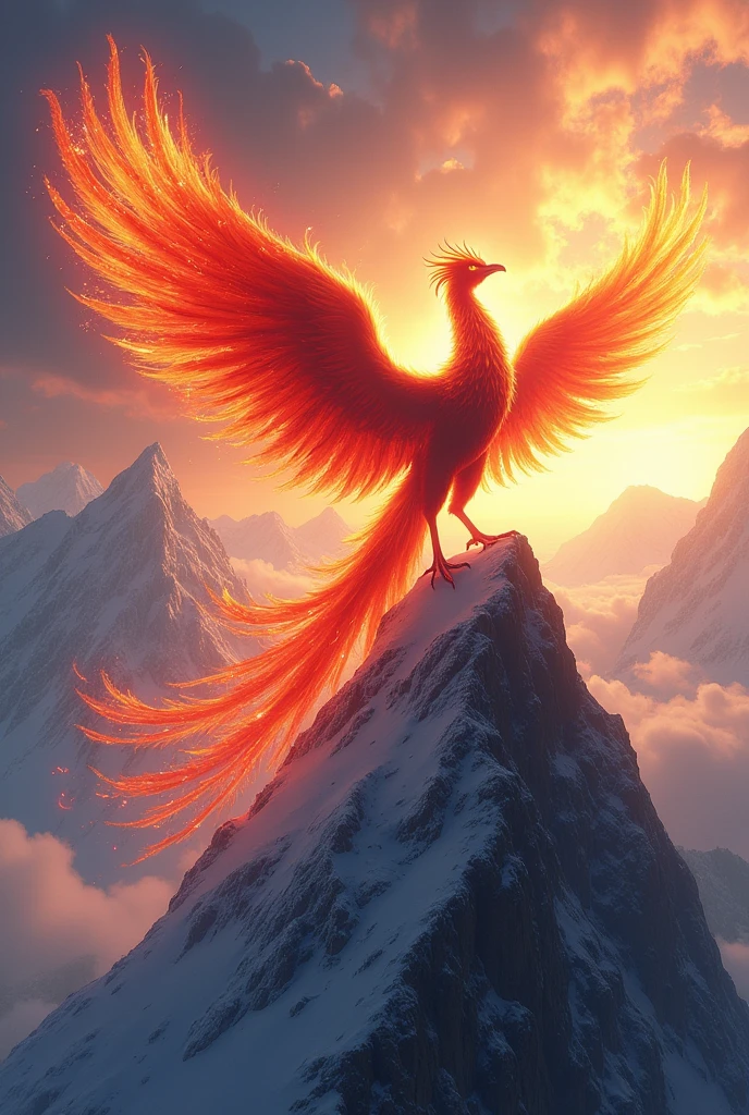 A phoenix rising to great the dawn on a high mountain peak 