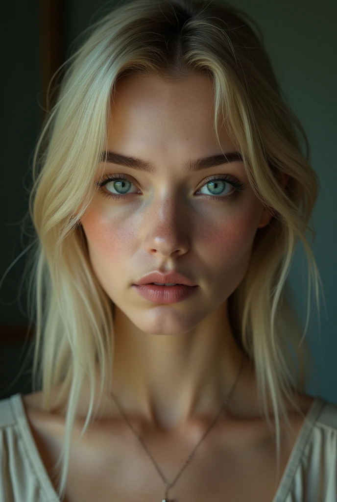 A realistic 20 year old white woman who is not smiling, with straight blonde hair and emerald green eyes
