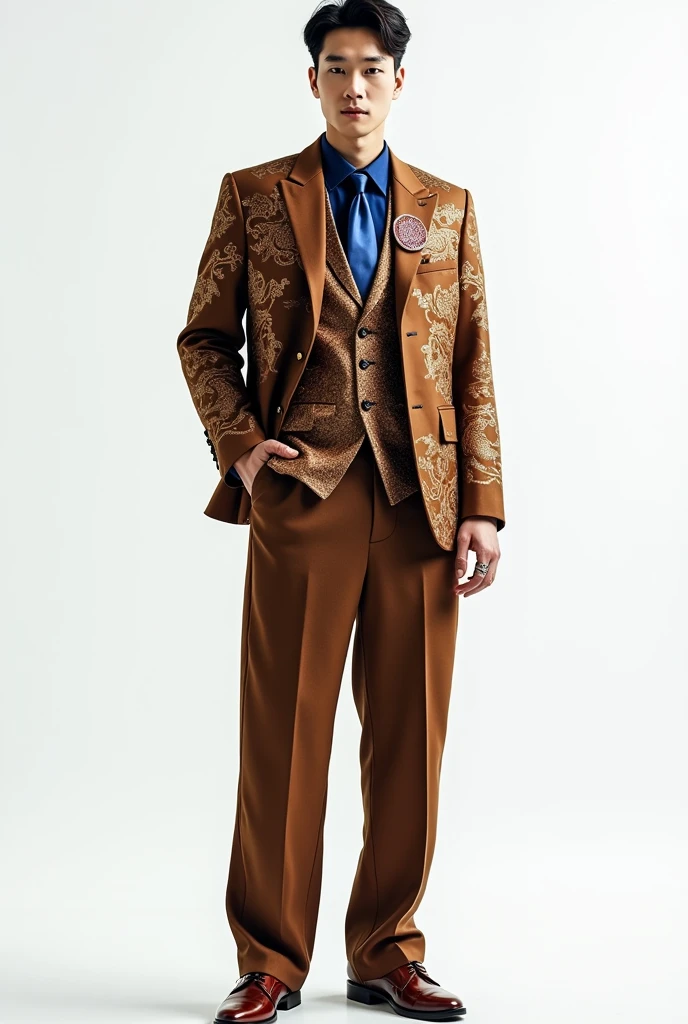 korean man wearing brown suit with lot of royal patterns ,((full body)),oversize classic pants , blue tie ,design inspired by chinese dragon tale,, rings , nekless, Poster ad , special pose ,photoshotting ,white background , fuull body