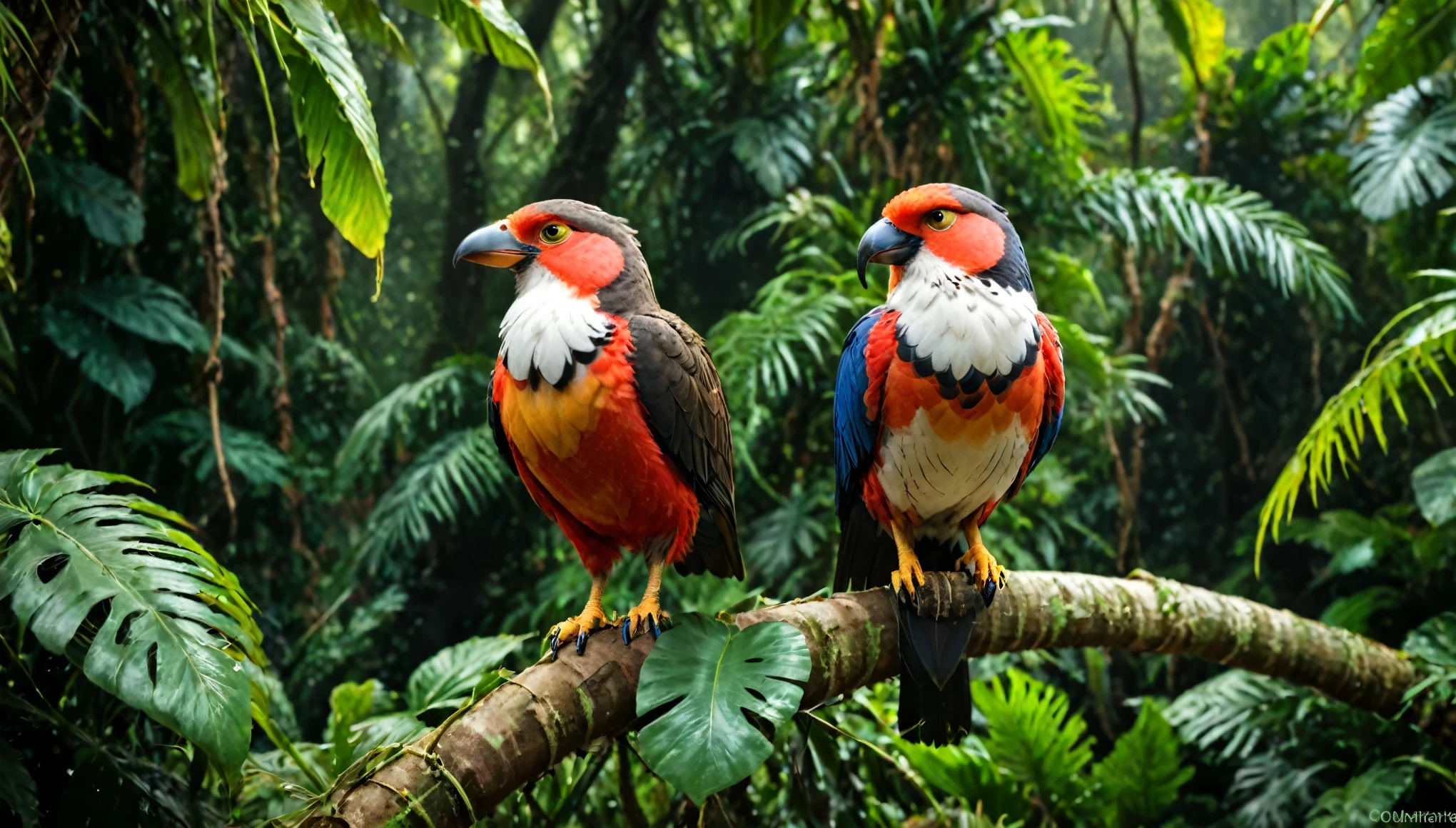 Descripción: Create a highly detailed and vibrant image of an exotic bird perched in a lush jungle setting. The bird should have an intricate pattern on its feathers, incorporating a mix of bright colors like blues, greens, reds, and yellows, giving it a fantastical appearance. The feathers should be stylized with a texture that resembles lace or fabric, adding depth and visual interest. The background should be a blurred jungle, with soft bokeh effects of light filtering through the trees, to give a sense of depth and focus on the bird. Ensure the image is in a high-resolution format suitable for a 1920x1080 monitor background. The style should be a mix of realism and fantasy, with attention to detail in both the bird's plumage and the surrounding foliage.
