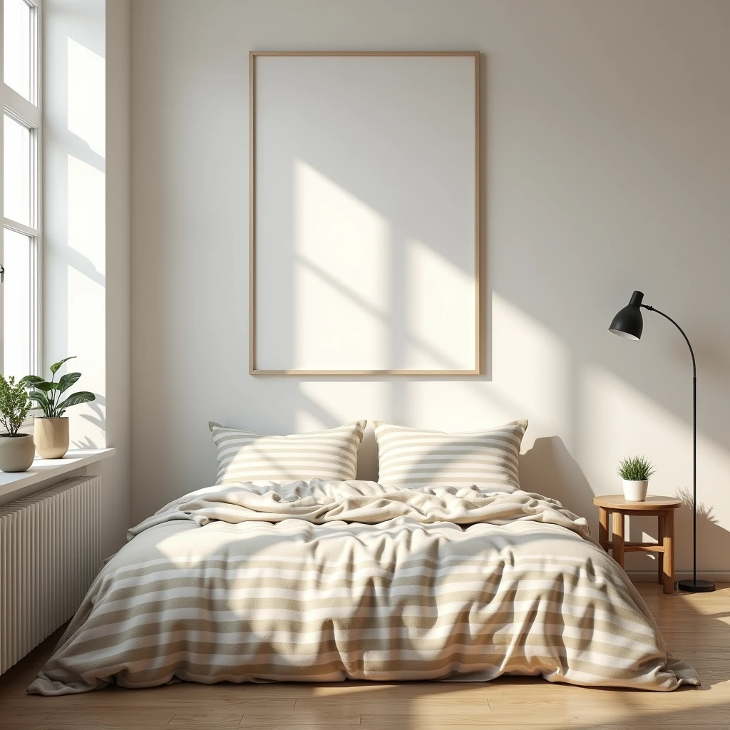 A Scandinavian-inspired bedroom with a clean, minimalist design. The scene includes a bed with beige and white striped linens, positioned beneath a DIN A-sized vertical blank canvas in a white frame hanging on the wall. The canvas reflects the natural light coming through a large window, with delicate shadows enhancing the realistic feel. A small wooden side table with potted plants stands near the window, and a slim floor lamp provides soft ambient lighting. The wooden floorboards, neutral color palette, and attention to detail, from the soft textures to the reflections on the vertical blank canvas, create a calm and ultra-realistic atmosphere