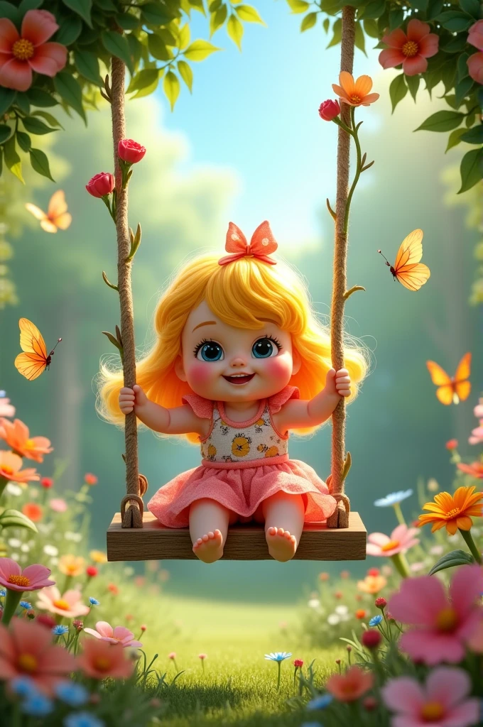 A happy and cheerful Disney-style doll swinging on a flowery swing...a garden with flowers and butterflies floating around...a very happy image in 4k