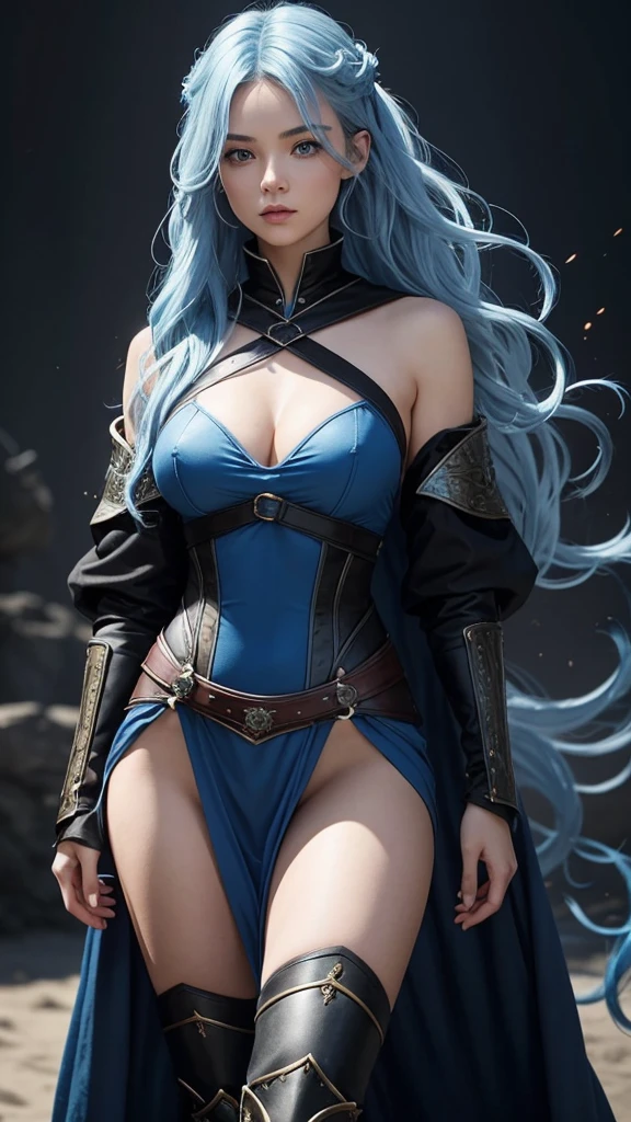 The description is as follows she is a girl with a good body and beautiful face she is a Goddess a little tall but not much has wavy blue hair just like the blue fire I want in the image her hair is wavy upwards is white skin natural blue eyes with a little green thin but pretty lips her body is defined a little athletic but not so much that it looks natural usually wears armor inspired by the medieval but with the feminine style with the abdomen exposed and thighs also the armor is black with very dark red fabrics these fabrics are a hood but without covering her face or hair natural breasts and I want to use black boots with an epic background mixing the medieval era with the space theme make it full body and that the hair is totally blue the same shade of blue fire that looks like it were an important flame that is up as if the hair were levitating