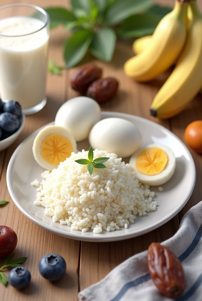 photoshot: table, Plate on the plate rice with boiled eggs and bananas next to the plate dates, Blueberries and Ayran 3D realistic