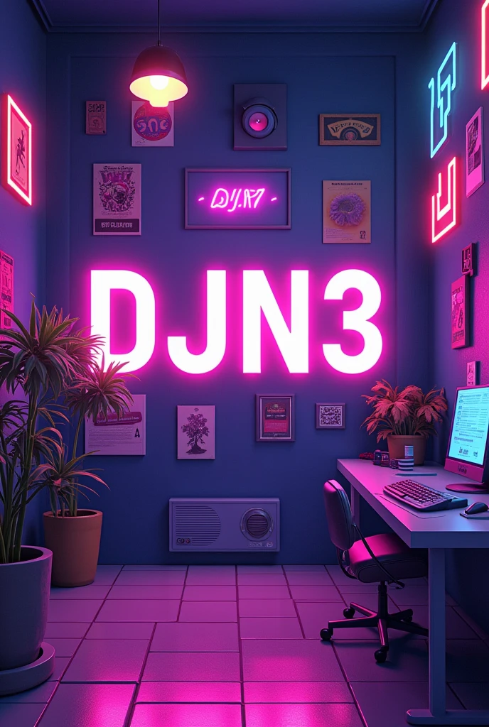 Make a profile picture with the name DJN3 in capital letters with a violet vibe retro vibe with many people
