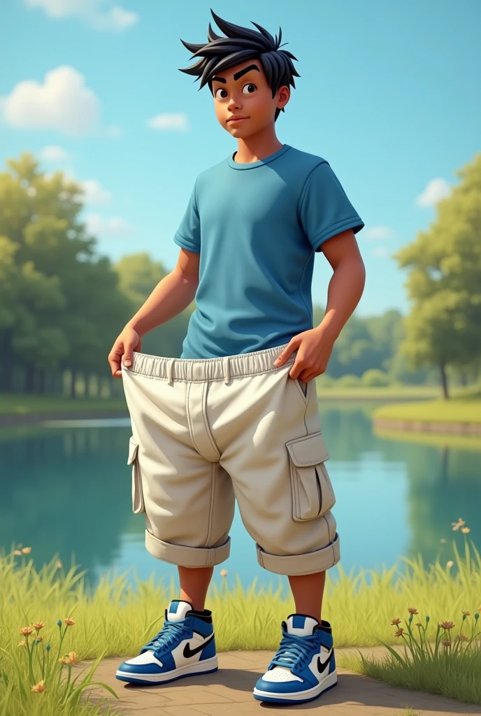 Cool teenage man with black hair and brown skin, in beige cargo pants, blue t-shirt and blue black and white air jordan sneakers holding a (1) white boxer shorts the size he would wear with both hands, in realistic style, the scene has a blue sky in a park where there is a lake