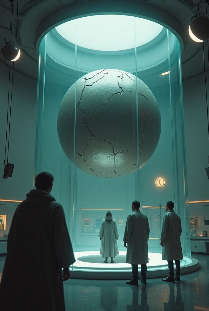 In a laboratory a cracked metal colored sphere and a kind of shadowy figure watching from the side of the wall and that sphere is inside a glass window. And a group of 3 scientists are watching in amazement