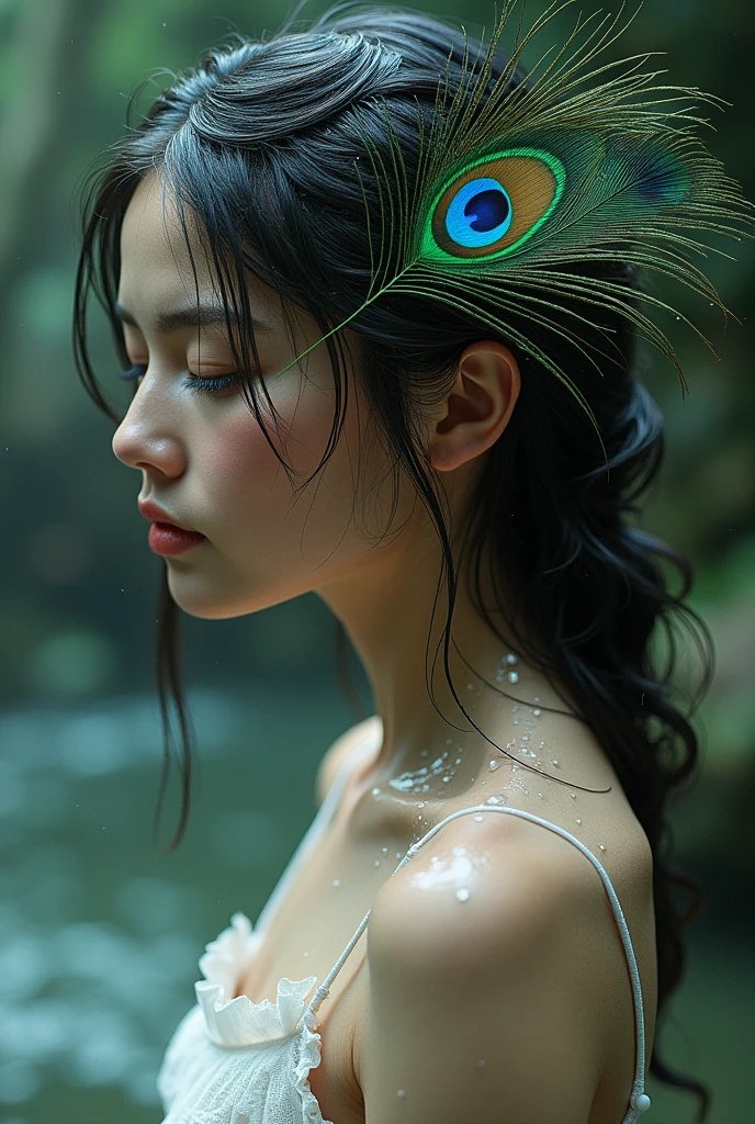 A girl who is drenched in water and has a peacock feather on her head