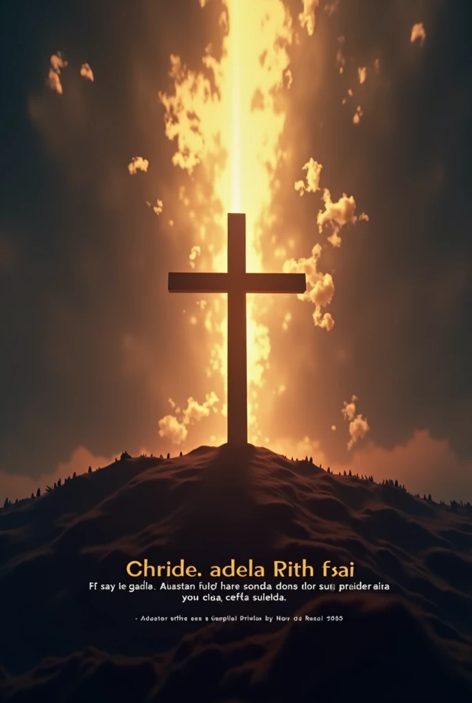 Animation of the empty Cross of Jesus, on top of a hill, with sunlight illuminating the cross and a dark background, with a text in Brazilian Portuguese appearing in front of the cross, after a second, saying: "I am the Alpha and the Omega, the beginning and the end, says the Lord, what is it, and that was, and that is to come, the Almighty. - Apocalypse: cap 1, around 8.