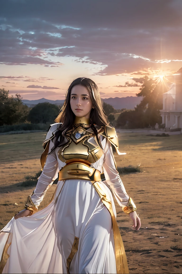 ((Masterpiece, best quality, very detailed), Volumetric light, surrounding occlusion, colorful, glow), 1 girl, alone, young girl, (dark hair), long hair, radius, Aura, sacred, goddess, Priest Uniform, (White dress with gold details:1.3), armor, outdoor, sunset, sky, cloud, space, (Fantasy Theme:1.2), full armor