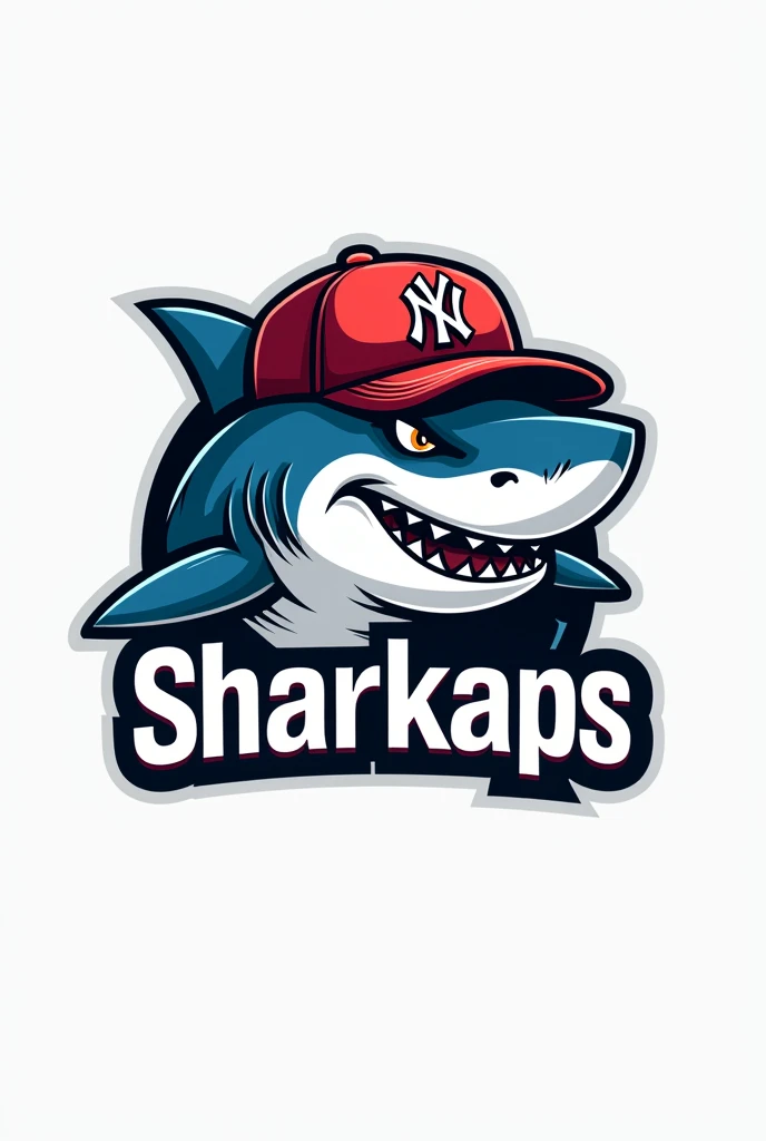Create a logo of a shark with a NY cap that says SHARKAPS