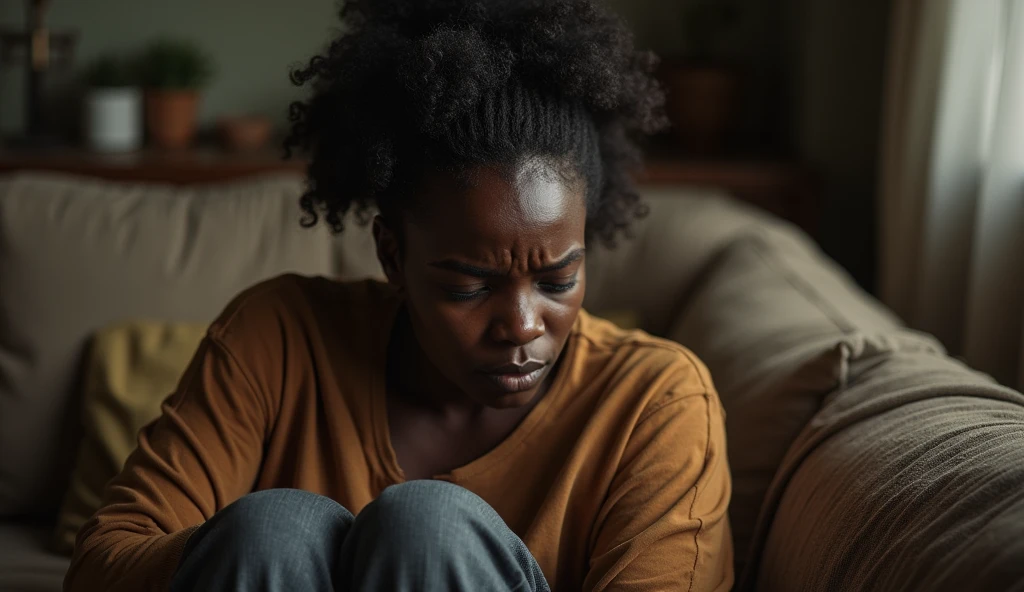 A real picture of unhappy black woman from Africa sitting in sitting room is wondering and scared about the future