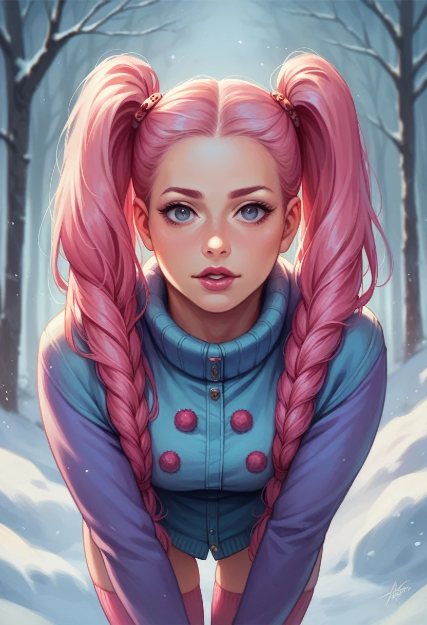 ((masterpiece)), (best quality), (detailed), 1girl,
looking at viewer, (lipstick:0.75), leaning forward,
long pink hair, twintails,
colorful thighighs,
winter, vivid colors,
