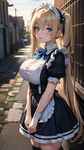 ((highest quality、High resolution、8K、masterpiece:1.3))、1 girl、unparalleled beauty、ultimate beauty、super detailed face、delicate eyes、smile、sexy look、Depth of the bounds written、light particles、side light、((blonde、maid、maid服、no panties))、(((expression of ecstasy、Looks embarrassed、Making sexual advances in a busy public place、I'm inviting you to have sex)))、perfect body、beautiful breasts、nipple、tits、Thighhighs、thighs、Love juice dripping from the pussy